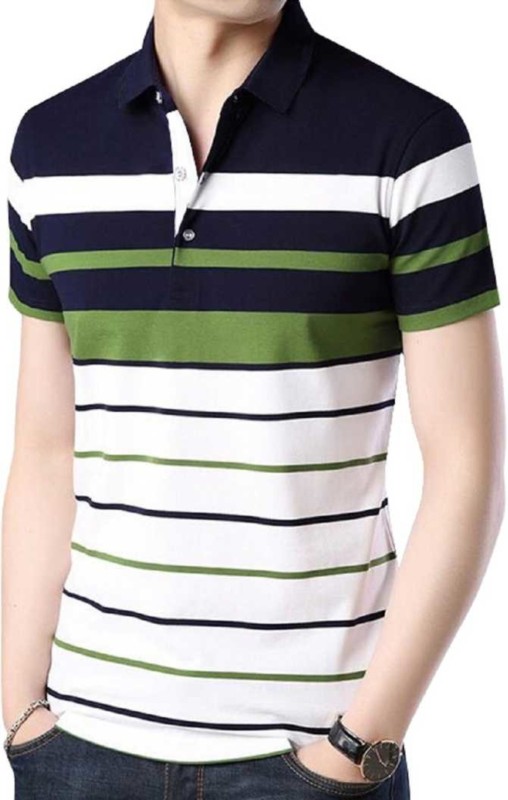 Striped Men Polo Neck Multicolor T-Shirt Price in India