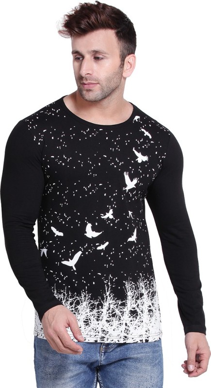 Printed Men Round Neck Black T-Shirt Price in India