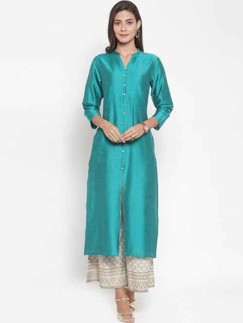 Varanga Turquoise & Off-White Kurti Palazzo Set Price in India