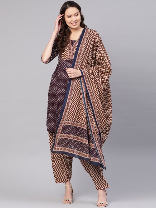 Jaipur Kurti Navy & Beige Cotton Printed Kurti Palazzo Set Price in India