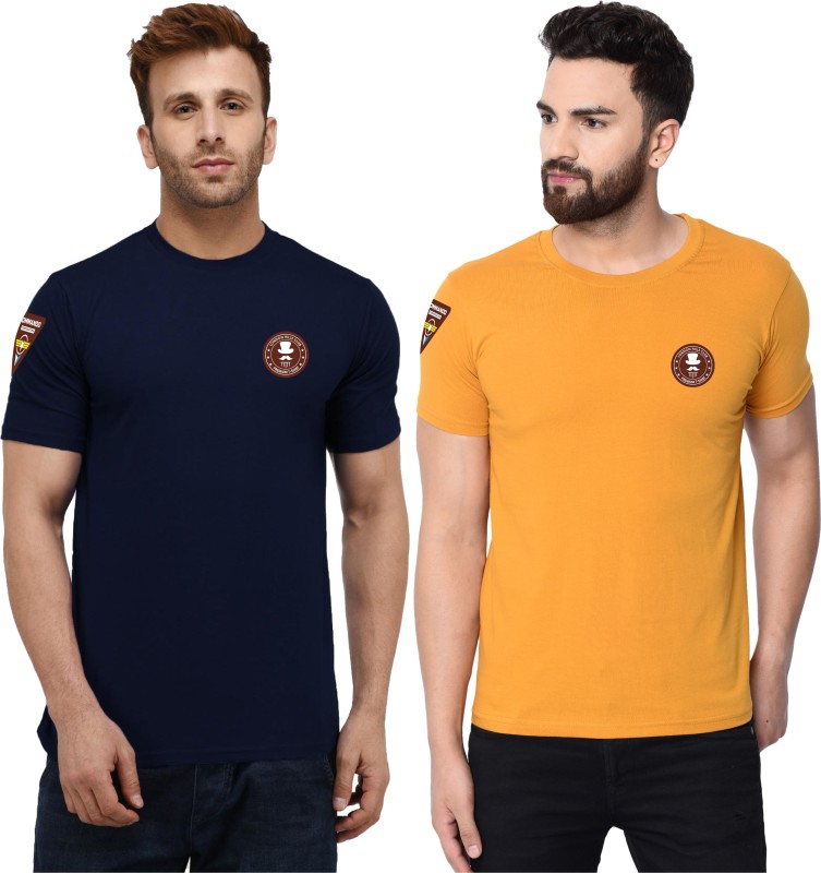 Solid Men Round Neck Blue, Yellow T-Shirt Price in India