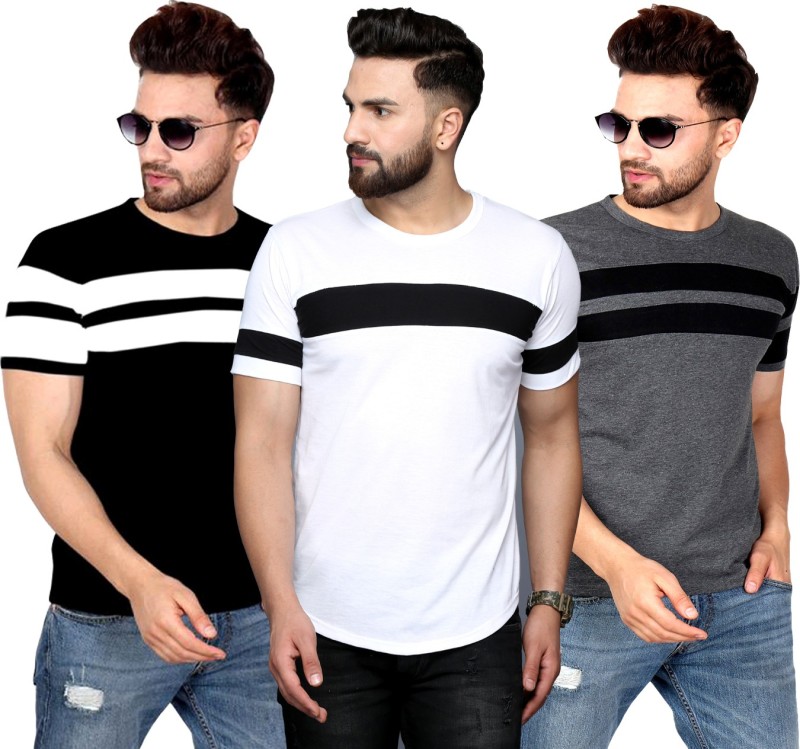 Color Block Men Round Neck White, Black, Grey T-Shirt Price in India