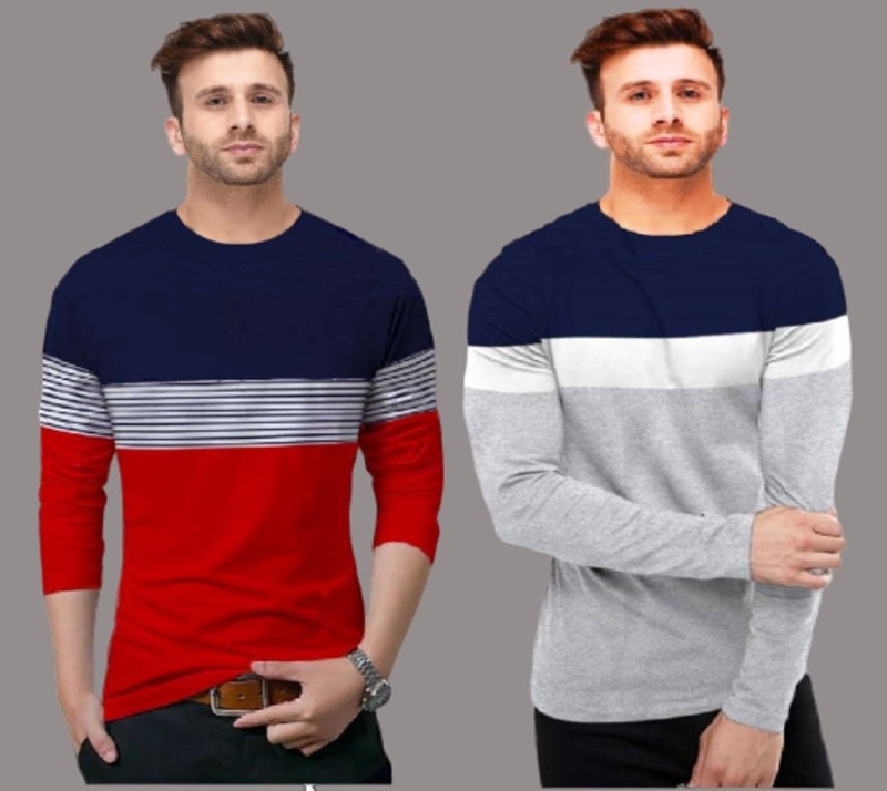 Solid Men Round Neck Red, White, Blue T-Shirt Price in India