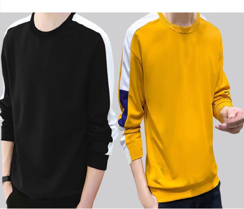Color Block Men Round Neck Black, Yellow T-Shirt Price in India
