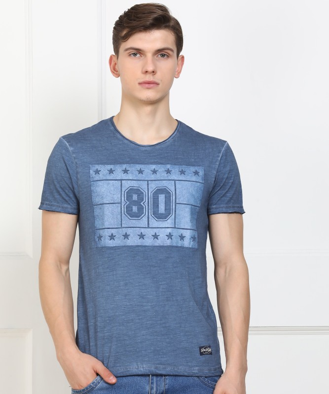 Printed Men Round Neck Blue T-Shirt Price in India