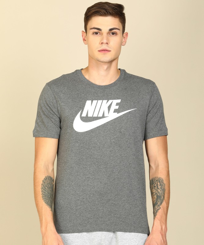 Printed Men Round Neck Grey T-Shirt Price in India