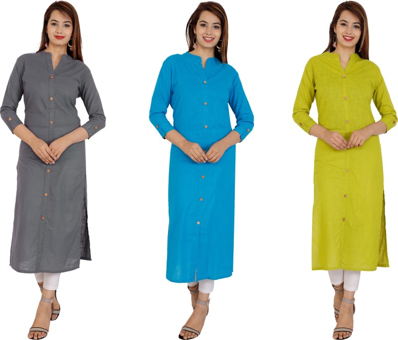 Women Solid Cotton Blend Straight Kurta Price in India