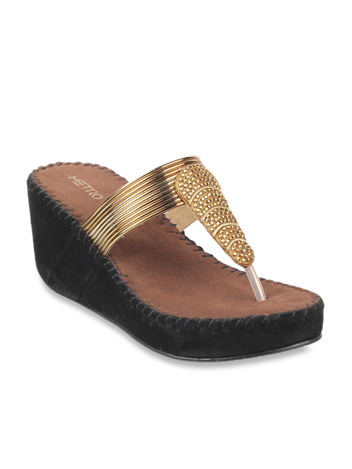 Metro Antique Gold T-Strap Wedges Price in India