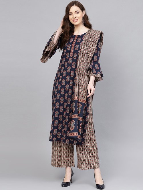 Jaipur Kurti Navy & Beige Cotton Printed Kurti Palazzo Set With Dupatta Price in India