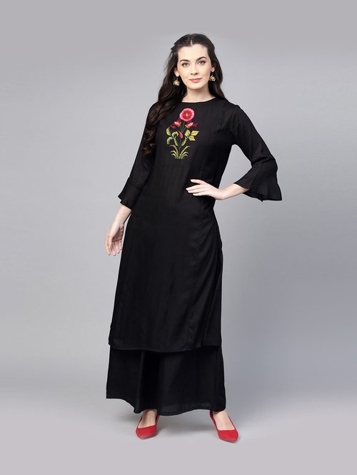 Bhama Couture Black Cotton Embroidered Kurti Palazzo Set Price in India