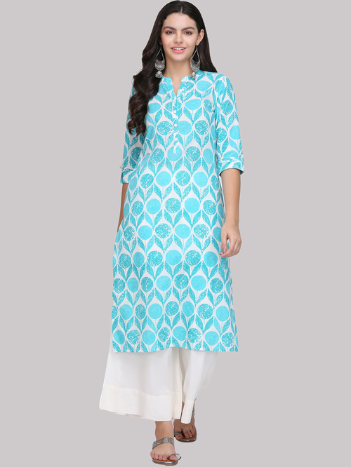 KSUT White & Blue Cotton Printed Straight Kurti Price in India