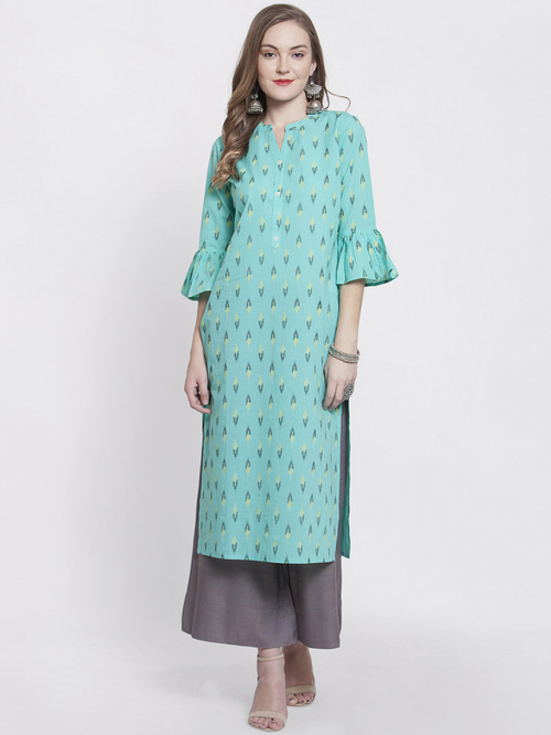 Varanga Pista Green & Grey Cotton Printed Kurti Palazzo Set Price in India