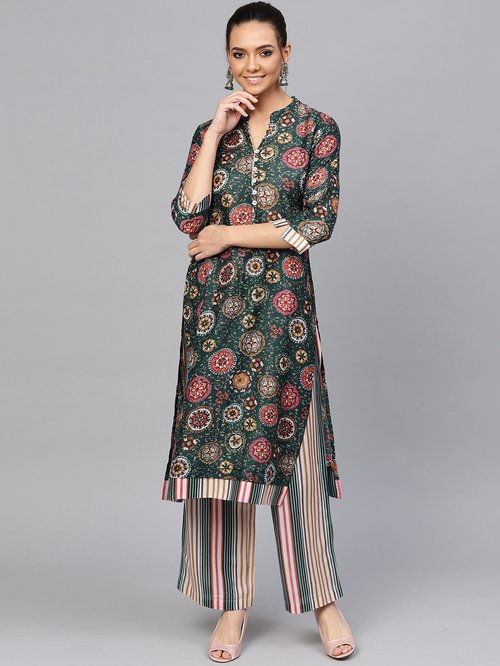 Jaipur Kurti Green Cotton Printed Kurti Palazzo Set Price in India