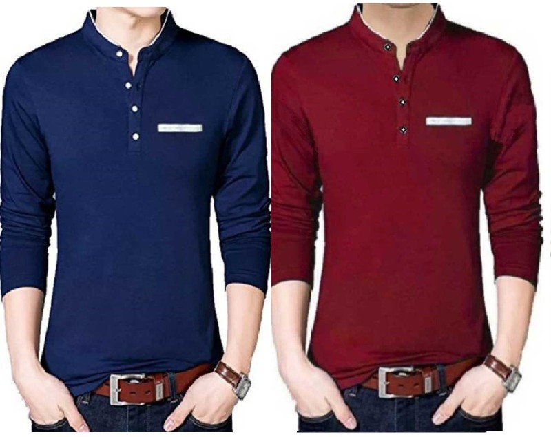 Solid Men Mandarin Collar Blue T-Shirt Price in India