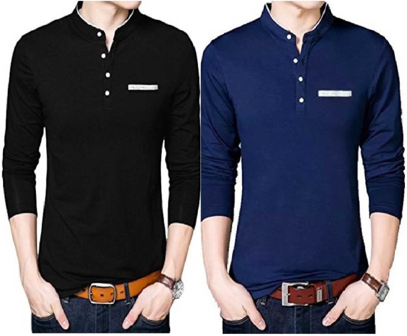 Solid Men Mandarin Collar Blue, Black T-Shirt Price in India