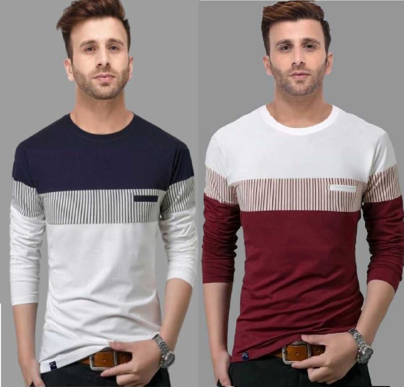 Color Block Men Round Neck White, Blue, Maroon T-Shirt Price in India