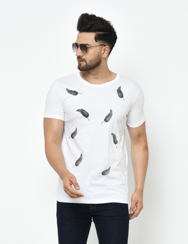 Printed Men Round Neck White T-Shirt Price in India