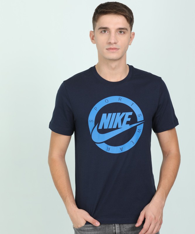 Printed Men Round Neck Dark Blue T-Shirt Price in India