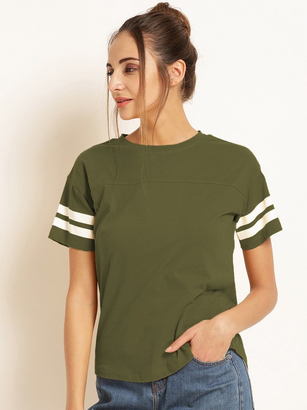 Solid Women Round Neck Dark Green T-Shirt Price in India