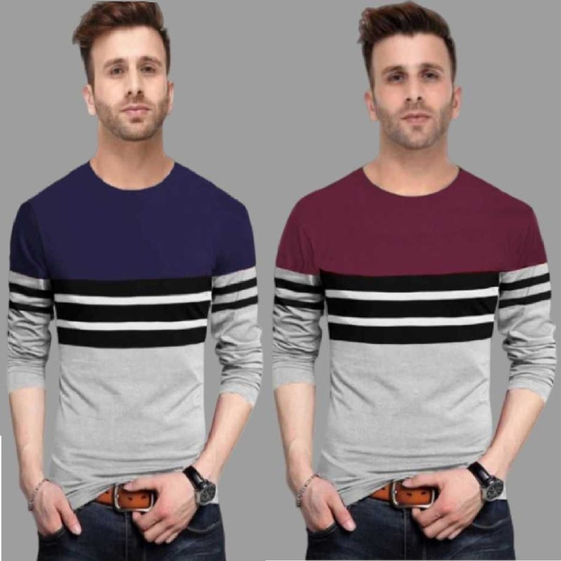 Color Block Men Round Neck Blue, Maroon, Grey T-Shirt Price in India