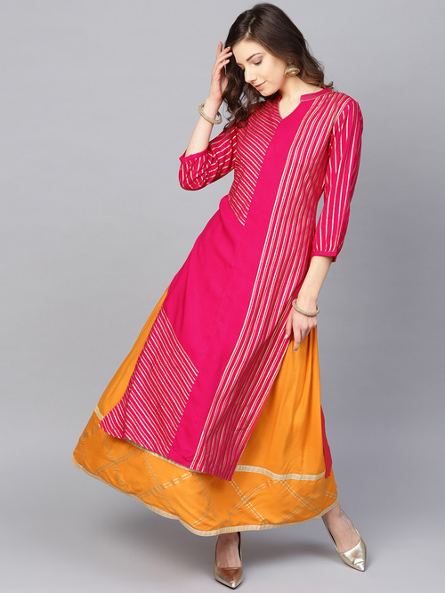 Varanga Pink & Orange Striped Kurti Skirt Set Price in India