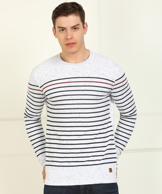 Striped Men Round Neck Dark Blue, Grey T-Shirt Price in India