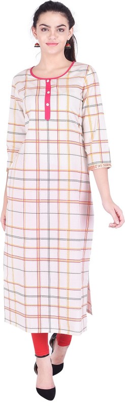 Women Checkered Cotton Blend Straight Kurta Price in India