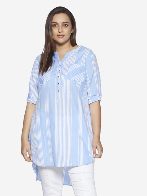 Gia Curve by Westside Light Blue Stripe High-Low Oasis Tunic Price in India