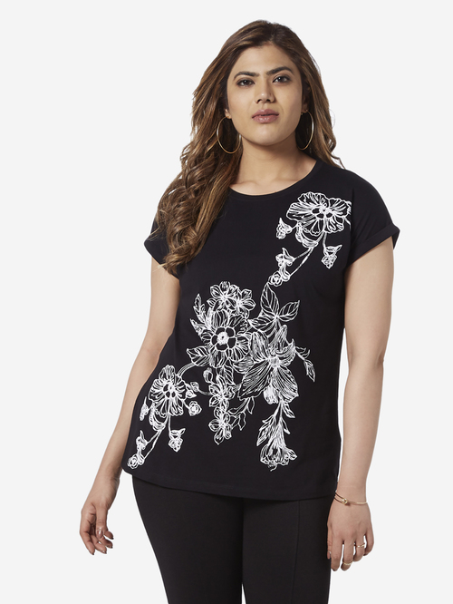 Gia Curve by Westside Black Floral Print Bella T-Shirt Price in India