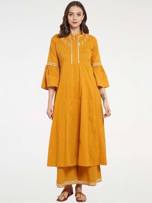 Bhama Couture Mustard Cotton Kurti Palazzo Set Price in India