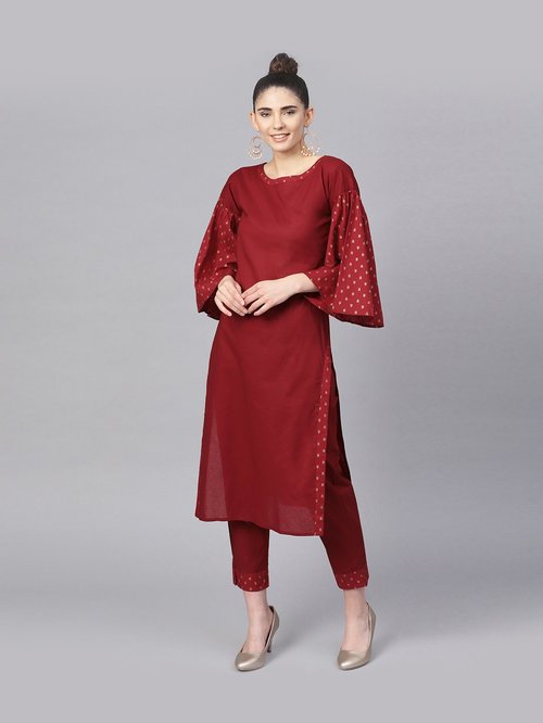 Ahalyaa Maroon Cotton Kurti Pant Set Price in India