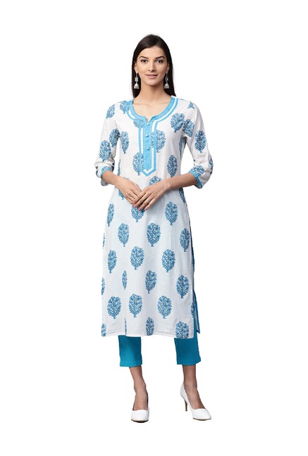 Jaipur Kurti White & Turquoise Cotton Kurta With Pants Price in India