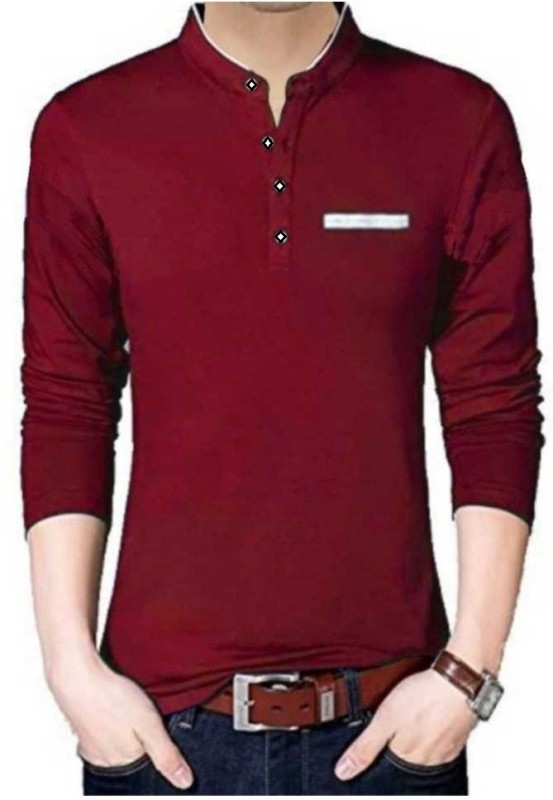 Solid Men Mandarin Collar White, Maroon T-Shirt Price in India