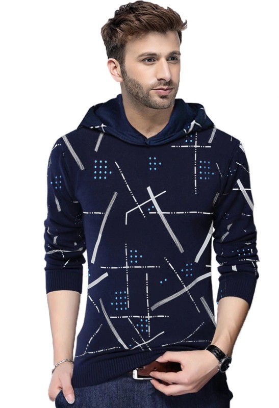 Abstract Men Hooded Neck Dark Blue T-Shirt Price in India