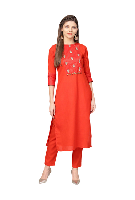 Jaipur Kurti Red Embroidered Kurti Pant Set Price in India