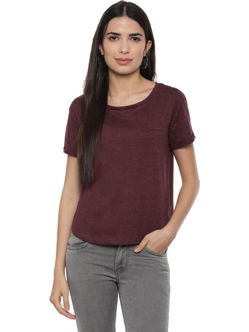 People Maroon Textured T-Shirt Price in India