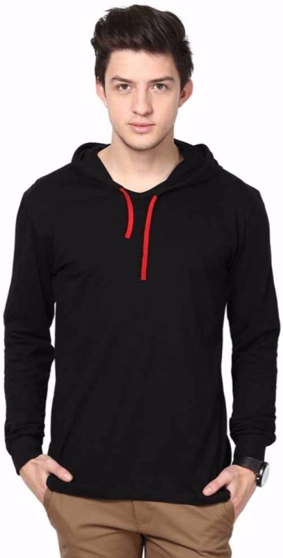 Solid Men Hooded Black T-Shirt Price in India