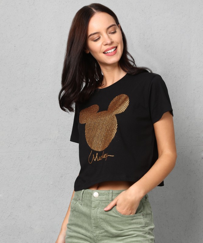 Disney Printed Women Round Neck Black T-Shirt Price in India