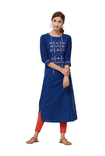 Naari Blue Cotton Printed Straight Kurti Price in India