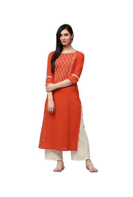 Jaipur Kurti Rust & Off White Cotton Kurta With Palazzo Price in India