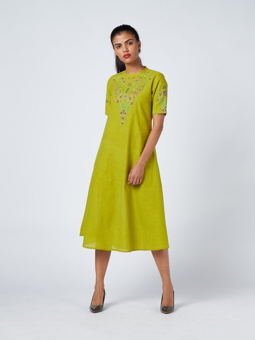 Okhai Green Pure Cotton Hand Embroidered A-Line Dress Price in India