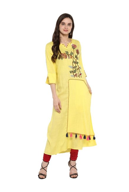 Juniper Yellow Embroidered Rayon Kurta Price in India