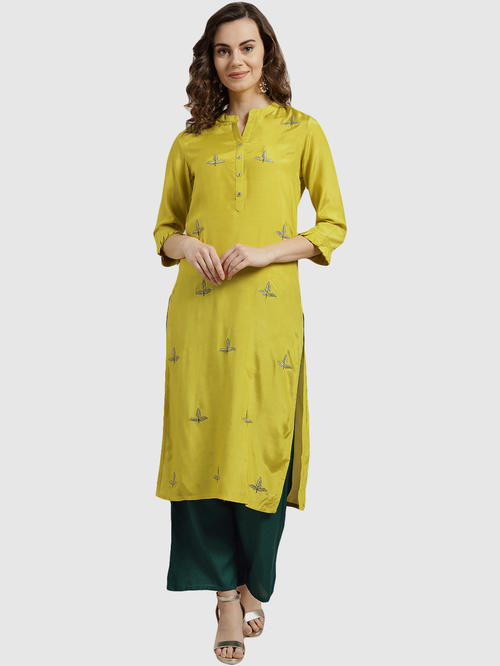 Jaipur Kurti Green Embroidered Kurta Palazzo Set Price in India