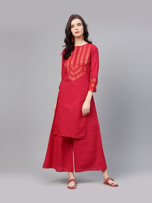 Bhama Couture Red Cotton Zari Work Kurti Palazzo Set Price in India