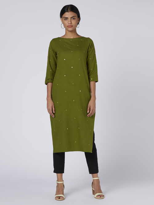 Okhai Pia Moss Green Pure Cotton Hand Embroidered Straight Kurta Price in India