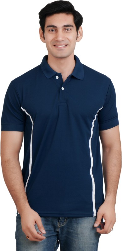 Solid Men Polo Neck Dark Blue T-Shirt Price in India