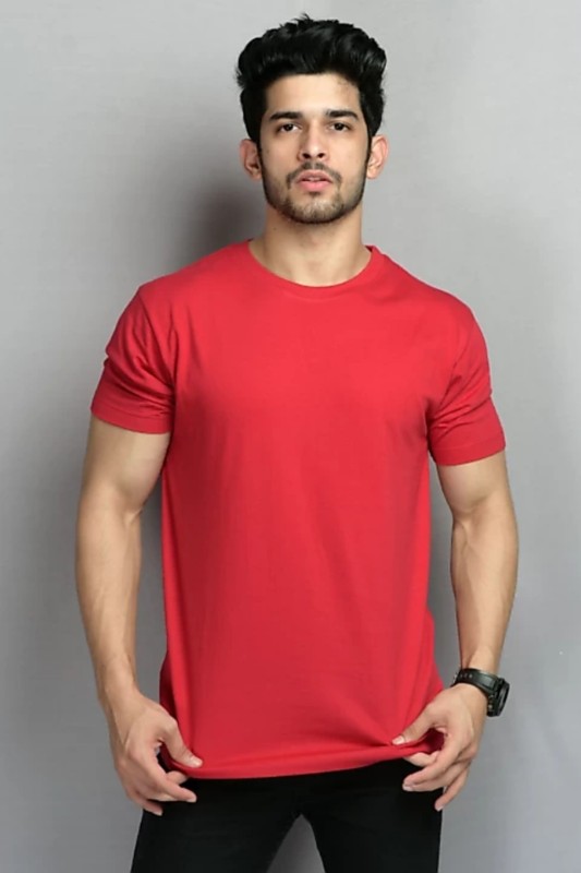 Solid Men Round Neck Red T-Shirt Price in India