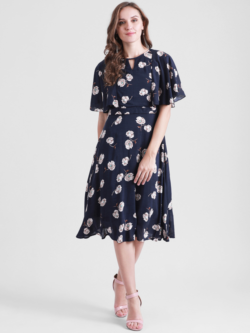 Zink London Navy Floral Print Below Knee Dress Price in India