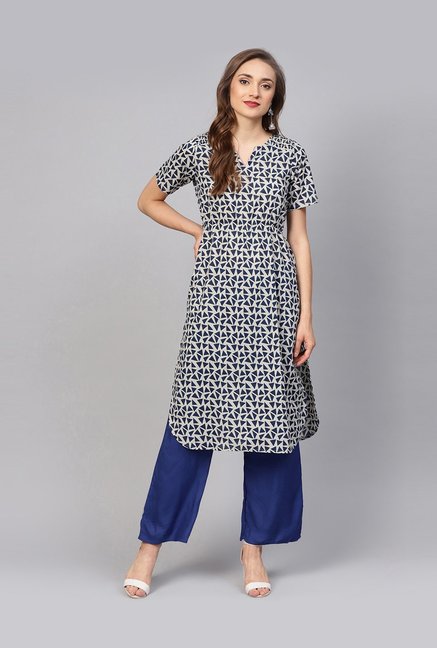 Jaipur Kurti Off-White & Blue Geometric Print Kurti Palazzo Set Price in India