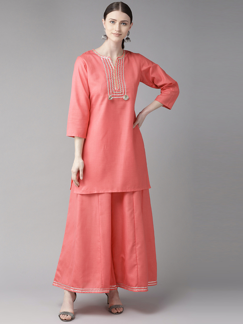 Bhama Couture Pink Cotton Embroidered Kurta Palazzo Set Price in India